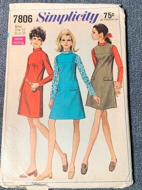 Simplicity Misses Dress Sewing Pattern Size 12 7806 1960s